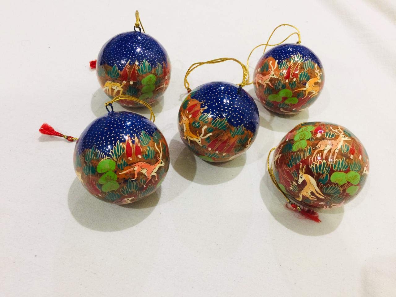 Baba Art and Crafts ,3 inch Christmas Balls Baubles Party Xmas Tree Decorations Hanging Balls Ornament christmas decorations ,hanging christmas ornaments,christmas tree hangings,paper mache crafts,Christmas Balls Ornaments Handmade Paper Mache Shatterproof Balls Ornaments for Christmas Tree Dark Blue Color with Multicolor Deers Handcrafted Perfect Hanging Ball ( Set of 6 ) - Image 3 thumbnail