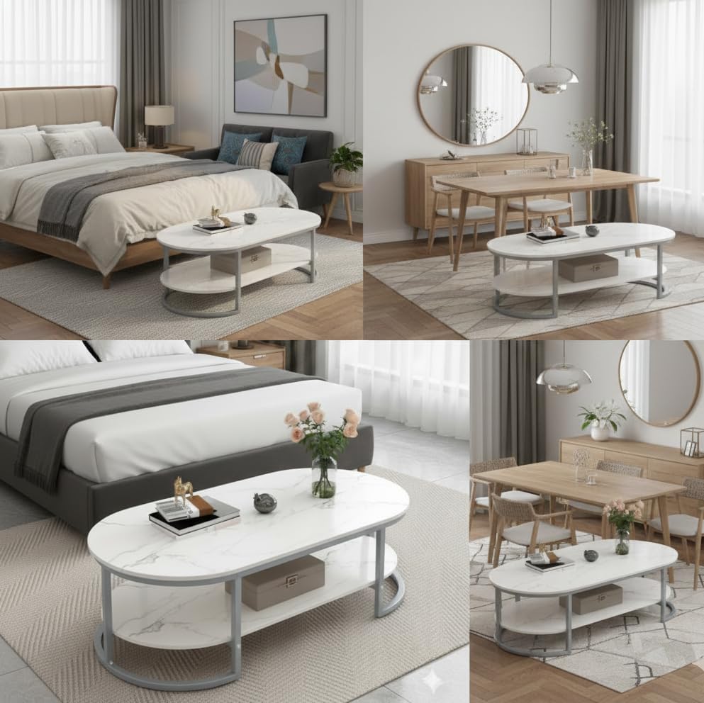 Image of CROWN ART SHOPPEE Coffee Tables for Living Room Modern Coffee Table Oval Sofa Table Center Tables for Living Room 2 Tier Side Table Small Apartment Home Furniture Black Gold 2T (Gry White)