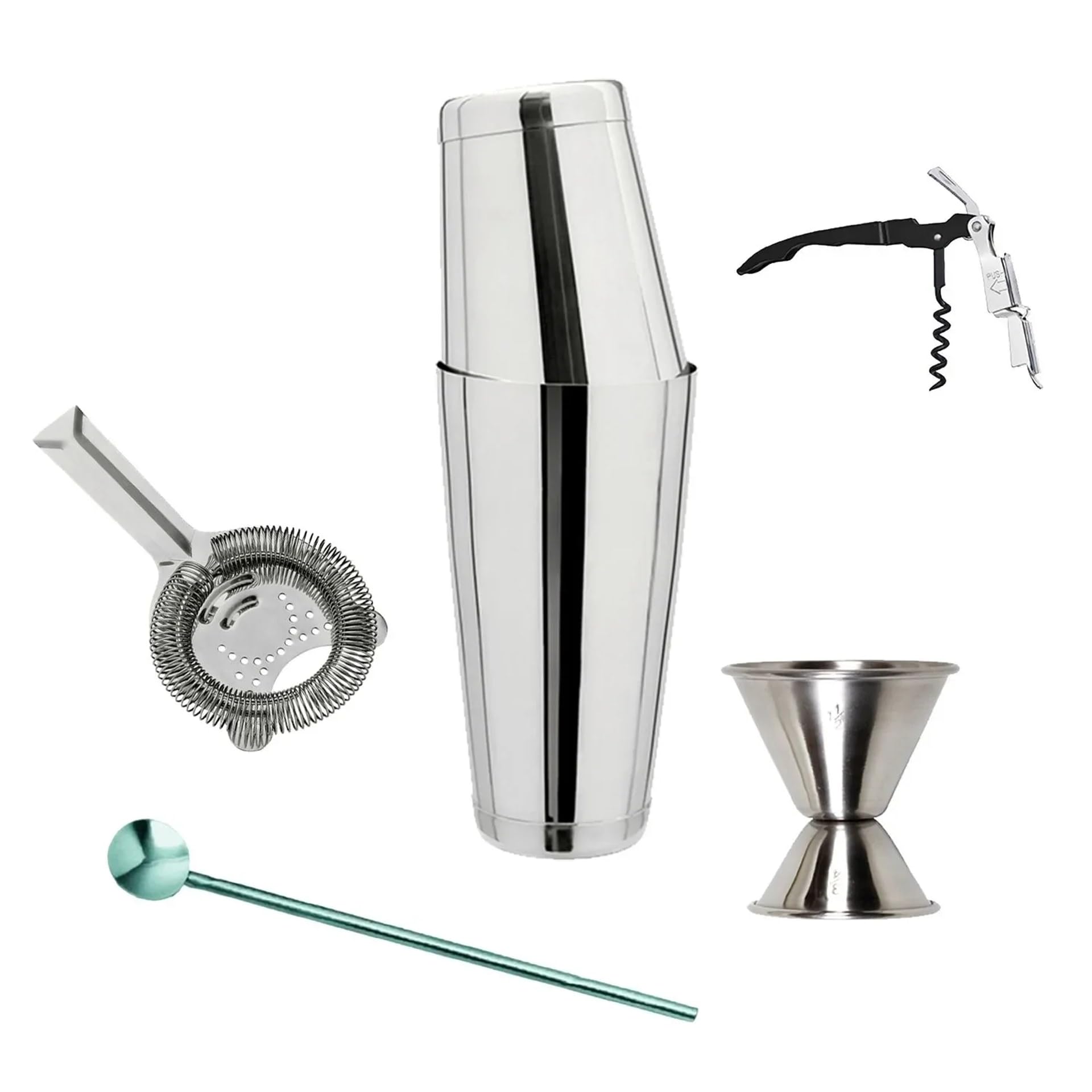 Set de Coctelería Profesional 5 Piezas en Acero Inoxidable con Shaker, Medidor, Colador, Cuchara y Pinzas - Duradero, Fácil de Limpiar y Perfecto para Cócteles de Calidad