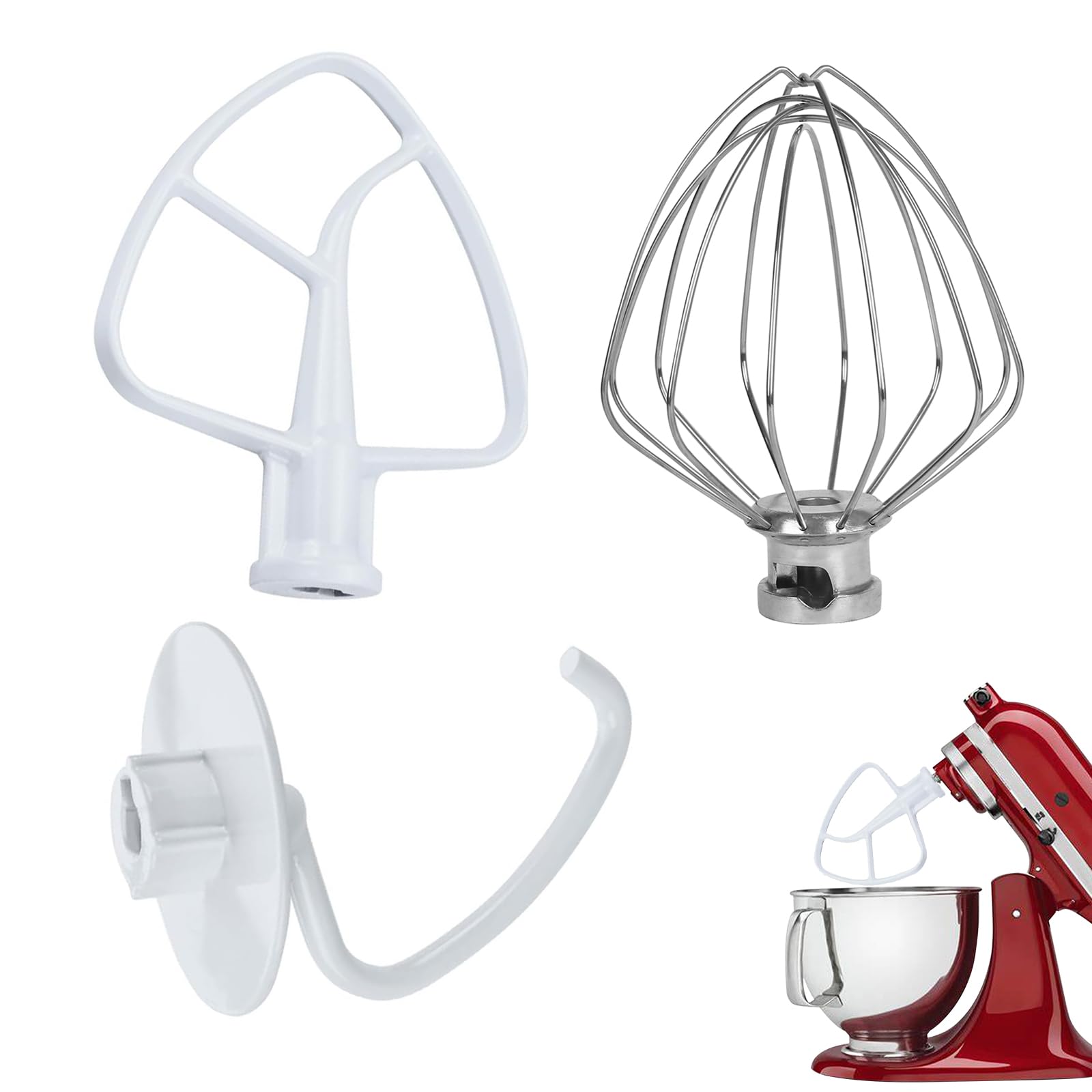 3PCS Fouet à Mousse et Batteur Plat Flexible et Crochet Pétrisseur pour kitchen-a-i-d 4,5 à 5 quart Artisan & Classic Series