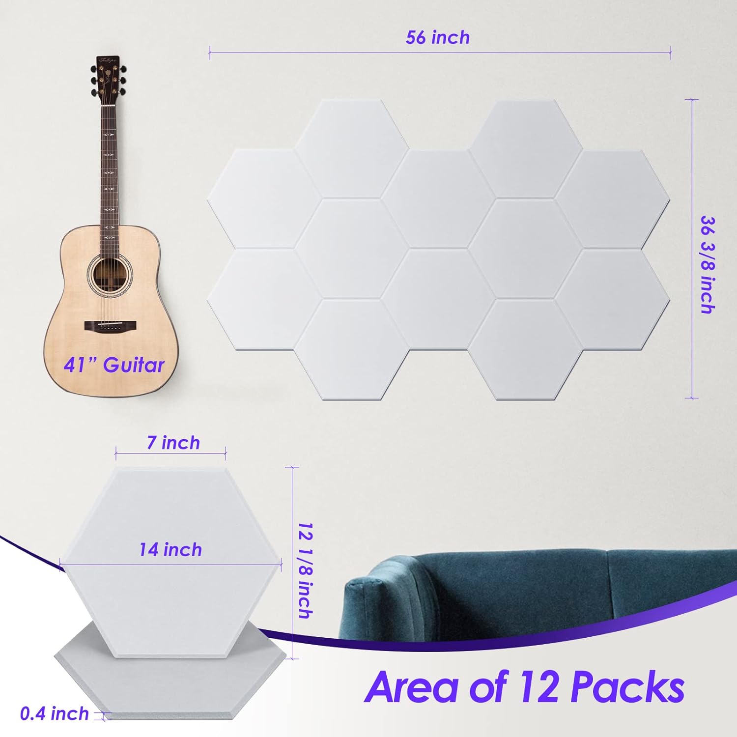 Acoustic Panels 12 Pack Self-adhesive Soundproof Wall Panels Hexagon, 14" X 12" X 0.4" High Density Sound Absorbing Panels Acoustic Wall Panels for Recording Studio, Office, Home (White)