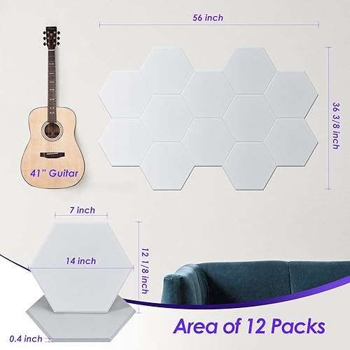 Miniatura 2 de Tao.space Paneles acústicos, paquete de 12 paneles de pared autoadhesivos insonorizados hexagonales, 14 x 12 x 0.4 pulgadas, paneles de pared