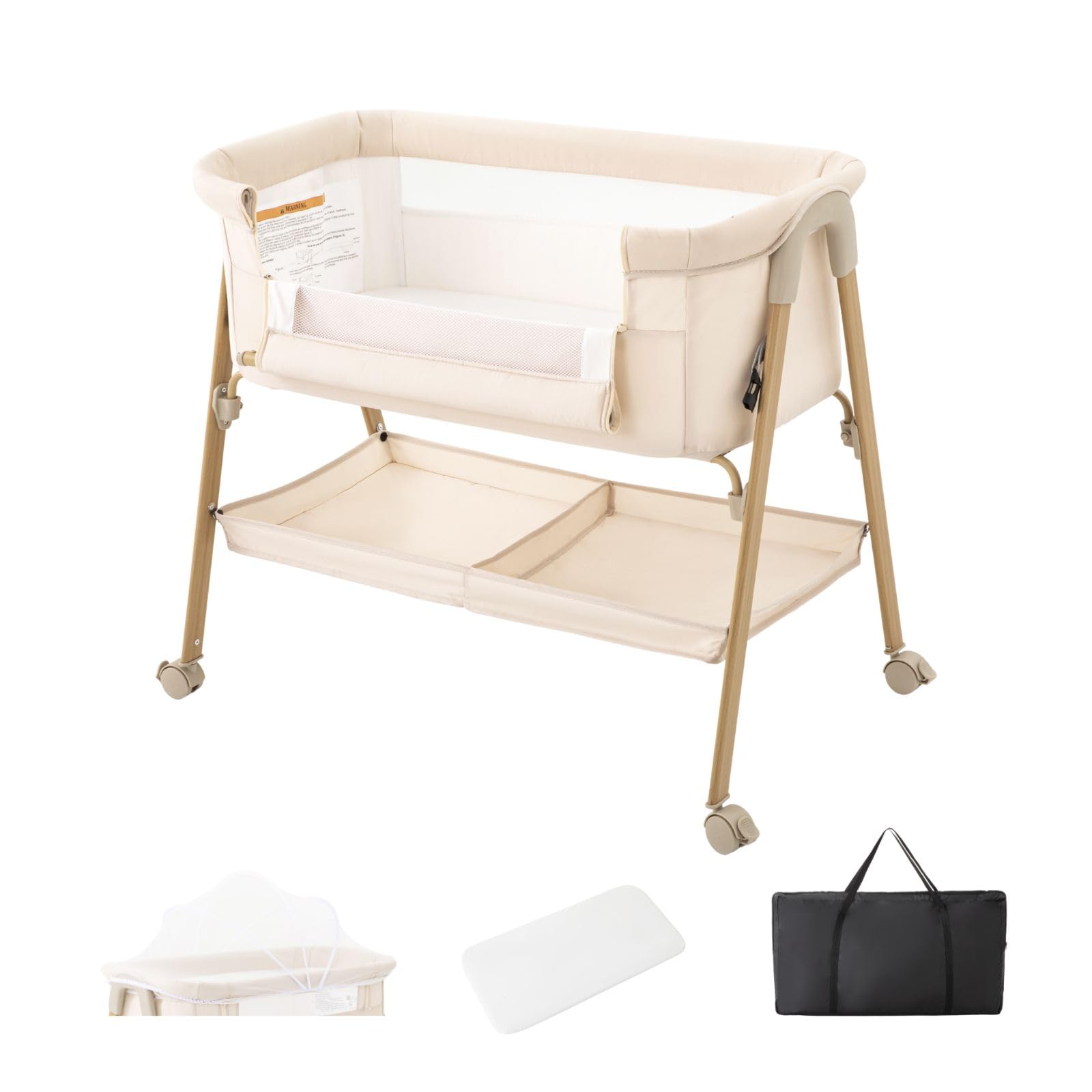 Cuna Colecho, Minicuna Plegable, Moisés con Colchón Lavable, Mosquitera, Bolsa – Cuna De Viaje para Recién Nacidos 0-6 Meses, hasta 9 Kg, Imitación Madera, Caqui