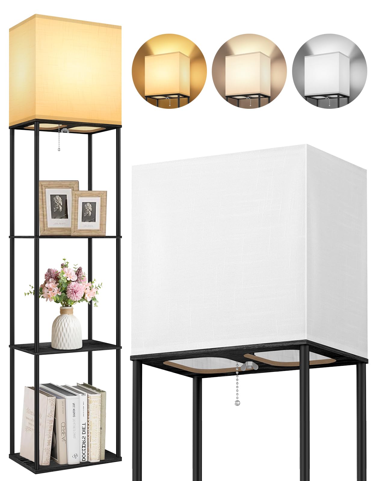 OUTON Lampada da terra con 3 ripiani, piantana design moderno con ripiano | in legno, libreria alta a 3 temperature di colore, LED lettura regolabile, Salotto, Camera, Ufficio (Nero)
