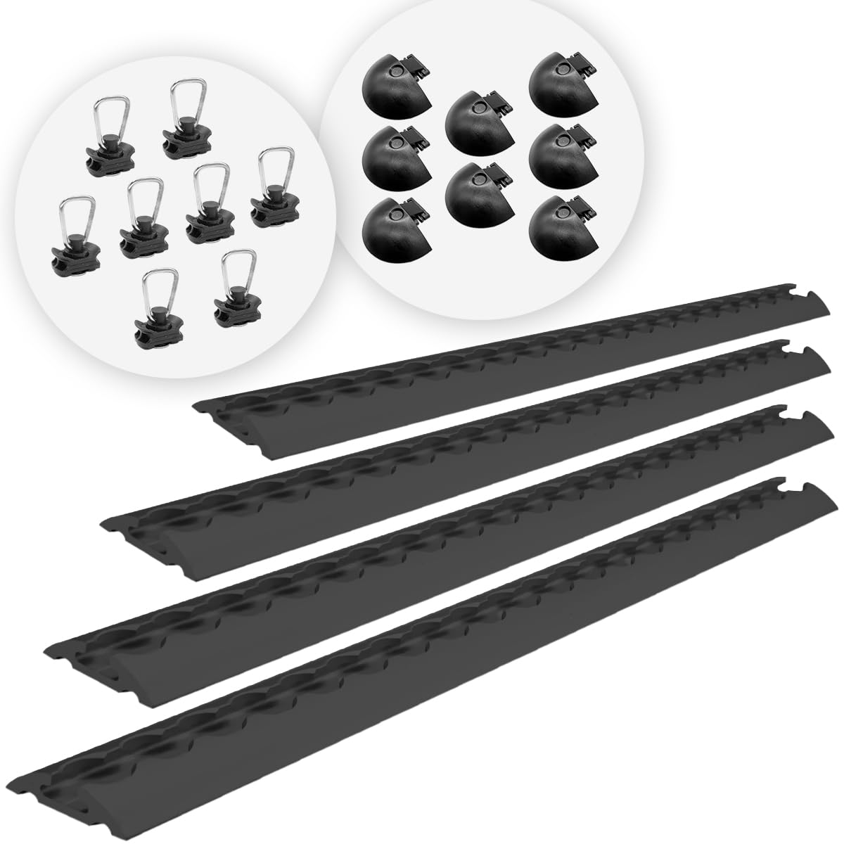 Airlineschienen mit Endkappen und Fittingen, 1.0 m, schwarz KTL-beschichtet, gebohrt, halbrund, 50 x 11,5 mm | Zurrschiene | für Transporter, Wohnwagen, Sprinter, (Starterset 1.5)
