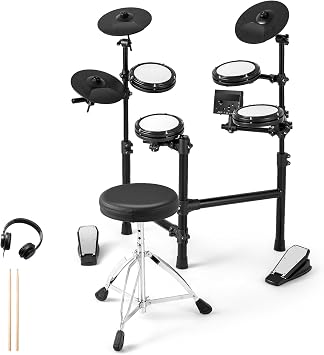 GYMAX 7Pcs Electric Drum Set, Jazz Drum Kit with Stool, 150 Sounds, Metronome, USB MIDI, Headphone, 2 Pedals and 2 Drumsticks, Foldable Rock Drums Set for Beginner