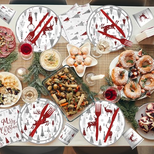 Christmas Paper Plates and Napkins,144pcs Christmas Tree Reindeer Christ mas Plates Disposable Party Set for Winter Xmas Holiday,Serves 24 – Image 4