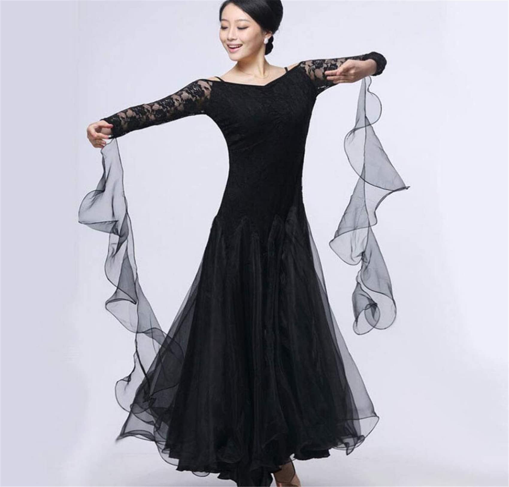 OTMYIGO Ballsaal-Kleid für Damen Walzer-Spitze Ballsaal-Tanzkleid für Damen mit Langen Ärmeln Tango-Tanzkleider Standard-Kleid