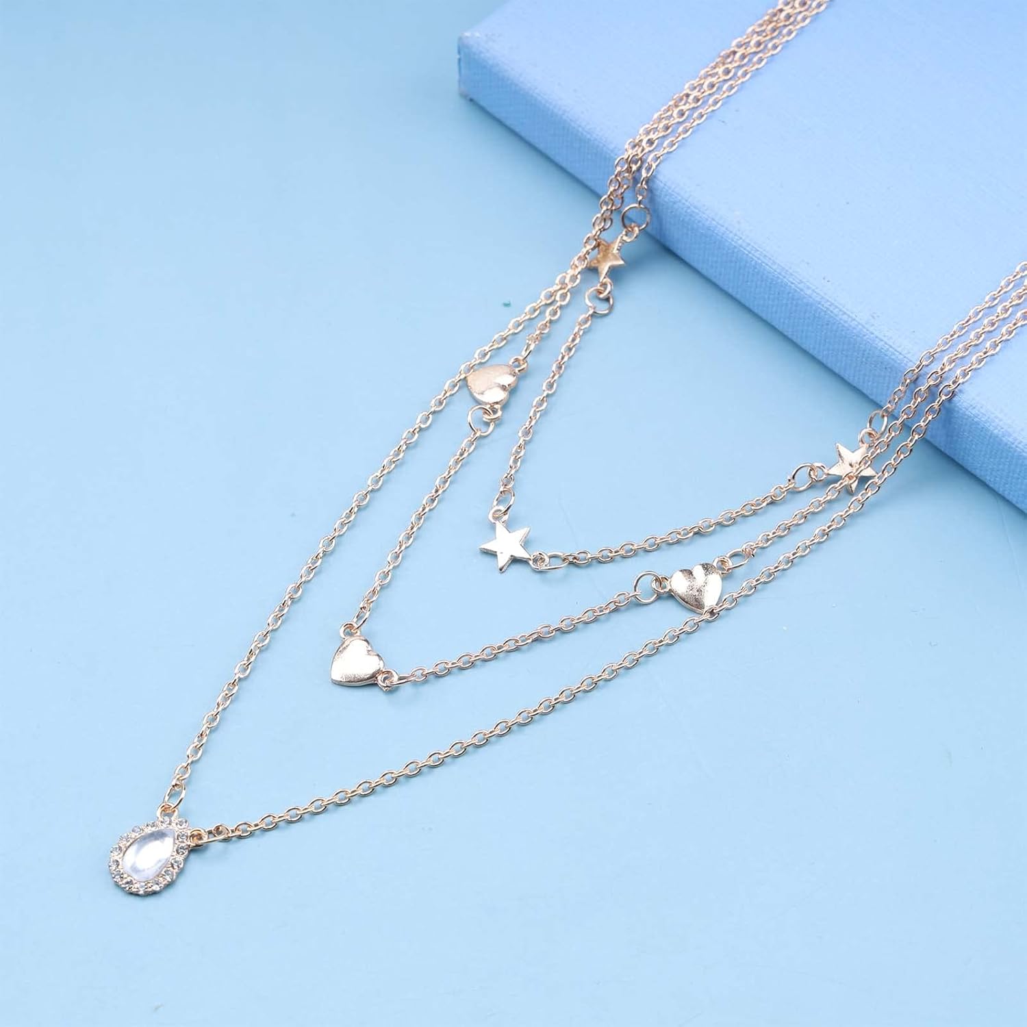 Bohemian Layered Crystal Pendant Necklace Gold Star Choker Necklace Love Heart Necklace Chain Vintage Teardrop Rhinestone Necklace Moonstone Collar Necklace Choker Jewelry for Women - Image 4