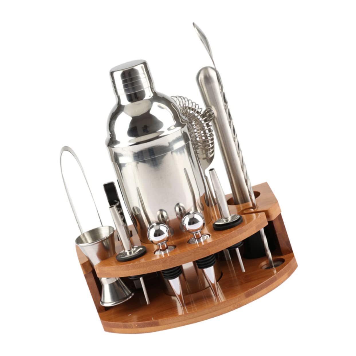 TOPBATHY Accessori per Cocktail in Acciaio Inossidabile Supporto in Bambù Set 12 Pezzi per Preparare Bevande e Aperitivi Shaker Cocktail da Casa e Bar