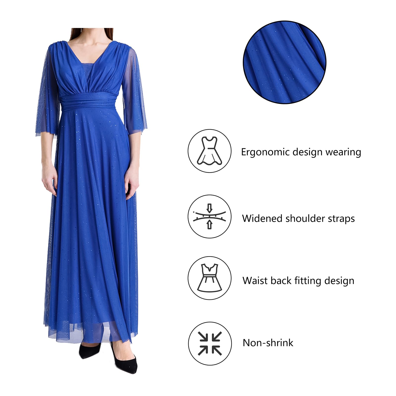 Abito Lungo Elegante Donna da Cerimonia Maniche a 3/4 e Scollo a V.Ideale per Matrimoni, Eventi e Feste. – Made in Italy
