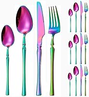 Vista 28 de Juego de 16 cubiertos de acero inoxidable con mango de cintura pequeña, cubiertos de acero inoxidable, cuchillos, tenedores, cucharas para 4