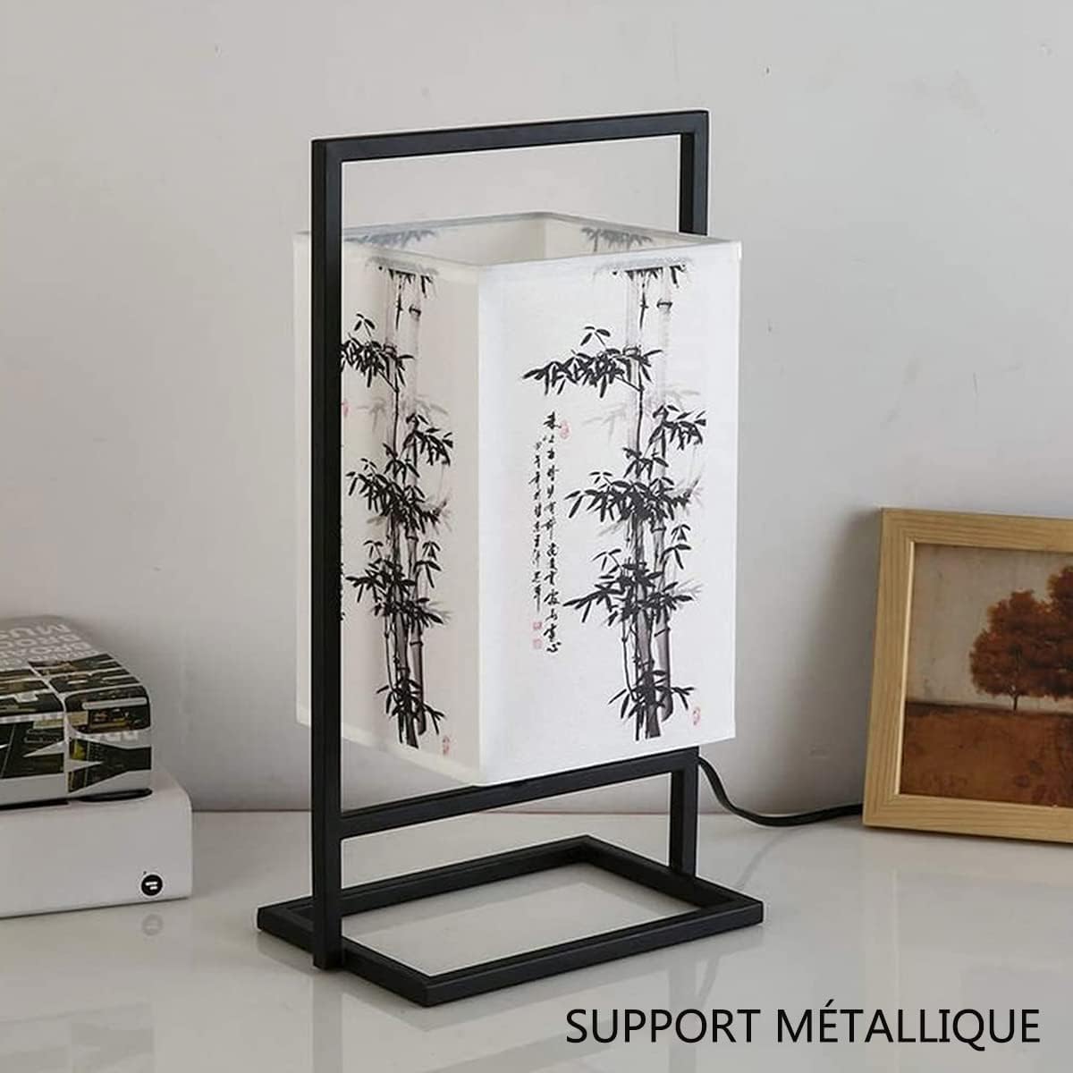 lámpara de noche dormitorio japonés, lámpara de escritorio Industrial marco Metal negro, lámpara de mesa con pantalla de tela cuadrada para dormitorio (interruptor de botón, bambú)