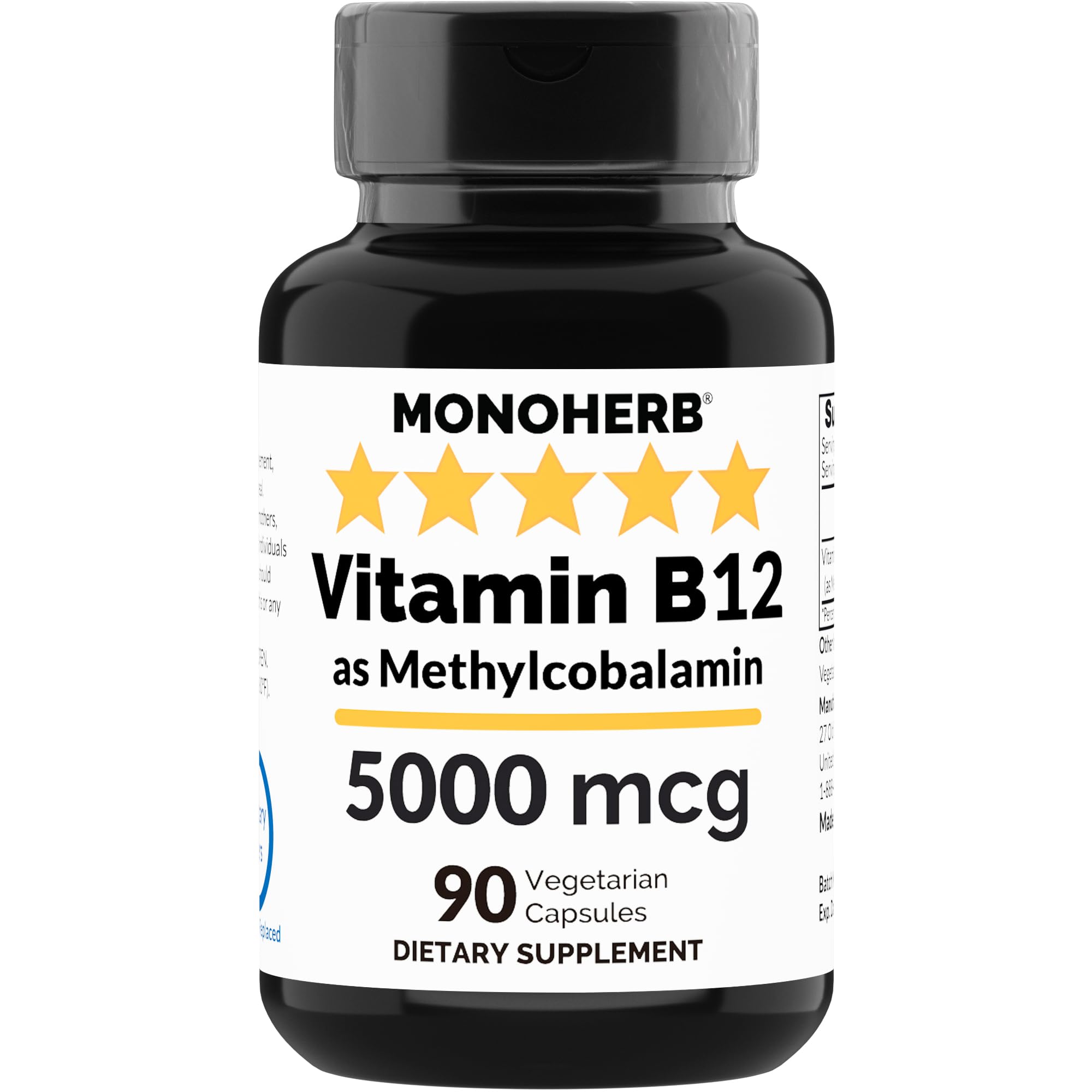 MONOHERB Vitamin B12 Methylcobalamin 5000 mcg - 90 Vegetarian Capsules - B12 Methyl