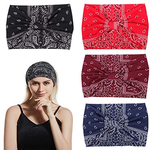 FYLuoke Boho Wide Headbands Knotted Turban Head Wrap Hair Band Yoga Sport Hair Bandana Accessories for Women And Girls 4 Packs (S-2)