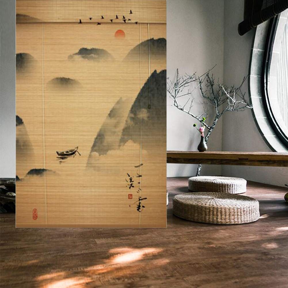 GDMING Cortina De Bambú Estor Opaco Enrollable Protector Solar Dividir Decoración Panel para Estilo Japones Sala De Te Hecho A Mano Imagen Impresa Cortina De Ventana con Cenefa,52 Tamaños