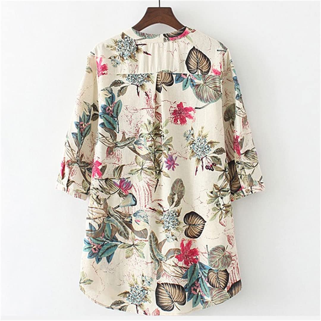 Générique Chemisier à Manches 3/4 à col en V pour Femmes Chemises Fines en Coton et Lin à Fleurs Tunique Longue décontractée avec Poche