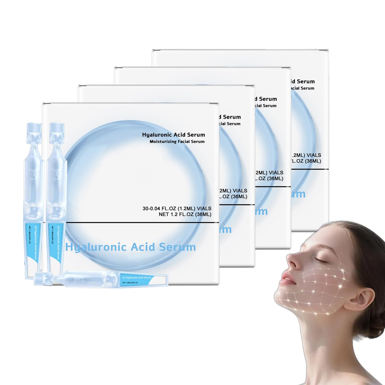 30 fiale di siero sterile all'acido ialuronico da 1,2 ml, 4D HA siero viso | Crema idratante per pelli secche e sensibili, siero invecchiamento con collagene per un effetto luminoso