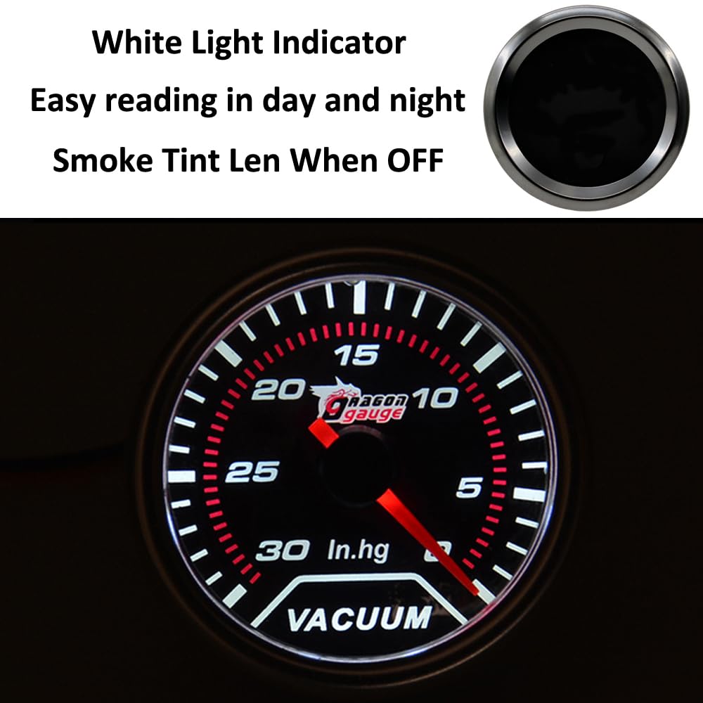 ETOPARS Universelle Voiture Jauge de Vide 2 Pouces 52mm Jauge d'aspirateur de Voiture Boost Vacuum Pointeur Manometre Blanc Lumière Indicateur Instruments Fumée Automobile
