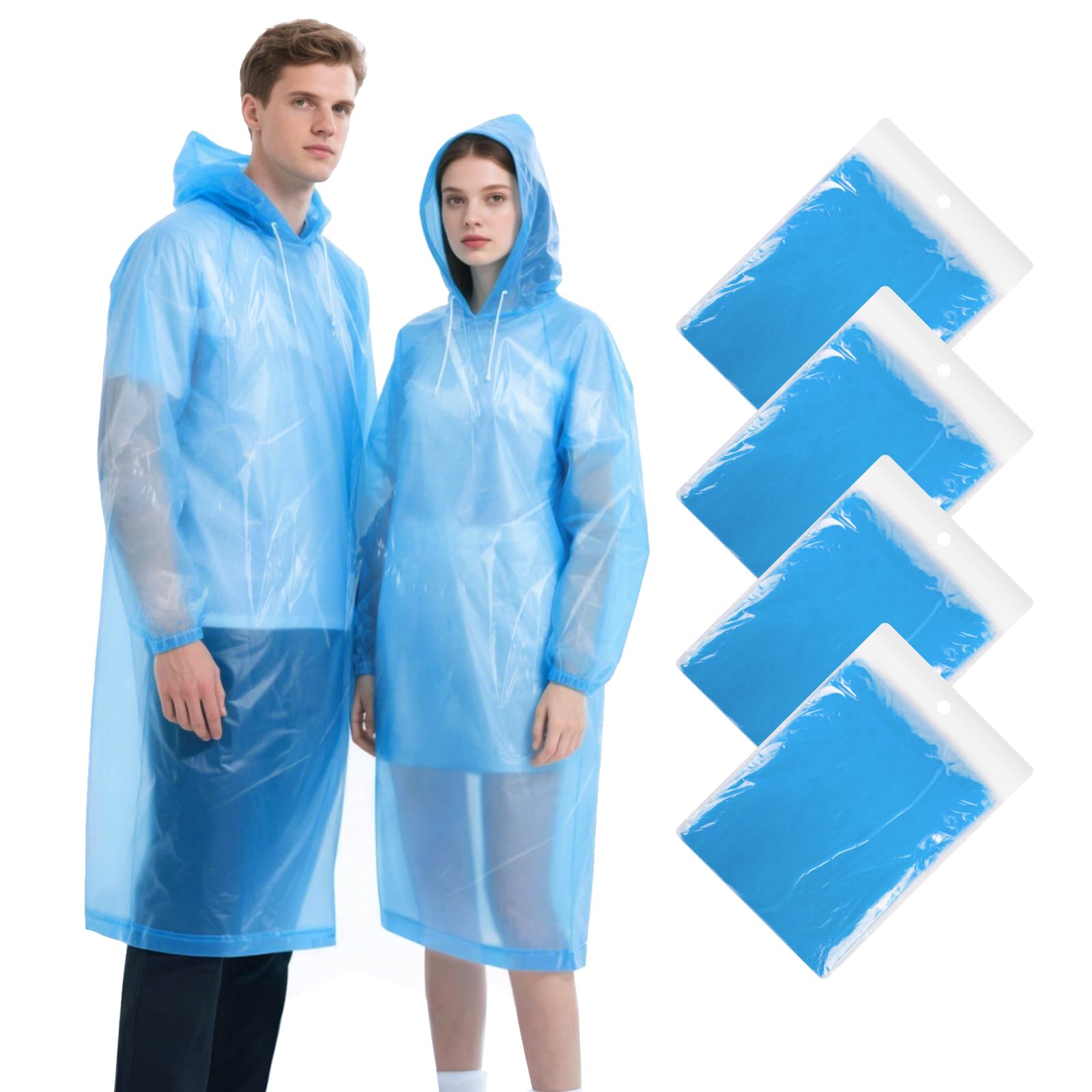 4/6PCS Regenponcho Einweg, Wasserdicht Regenmantel für Damen und Herren, Durchsichtige Regencape mit Kapuze und Ärmeln für Festivals, Angeln, Themenparks, Camping (Blau)