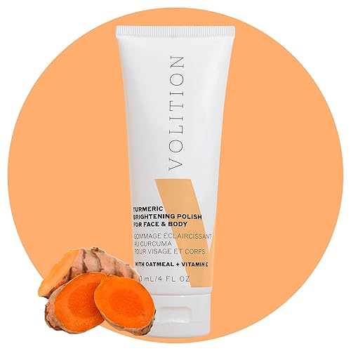 Volition Beauty - Esmalte iluminador de cúrcuma con avena + vitamina E, exfoliante físico para exfoliar la cara y el cuerpo, elimina la piel muerta,