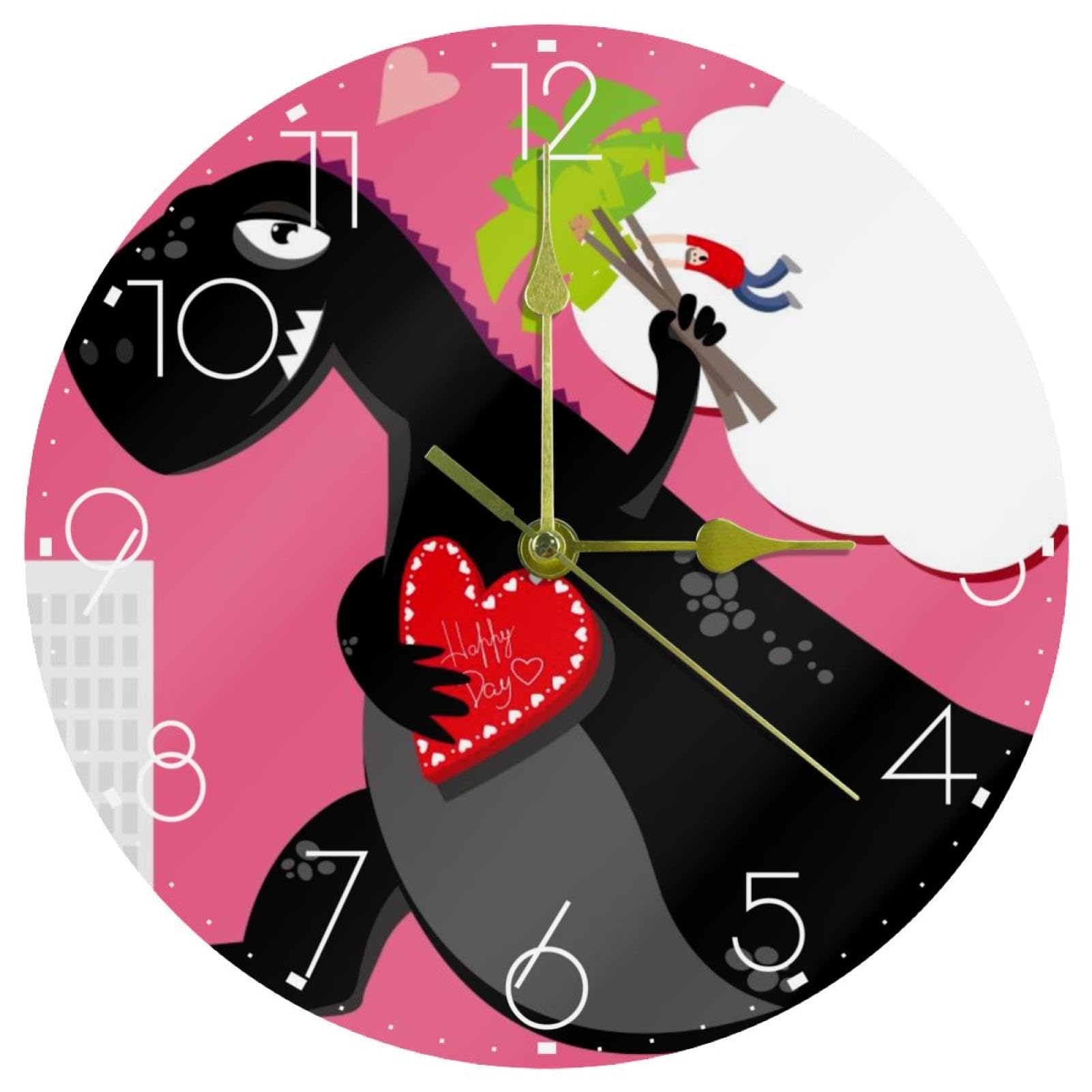 Horloge murale ronde acrylique rose dinosaure de 25,4 cm pour chambre