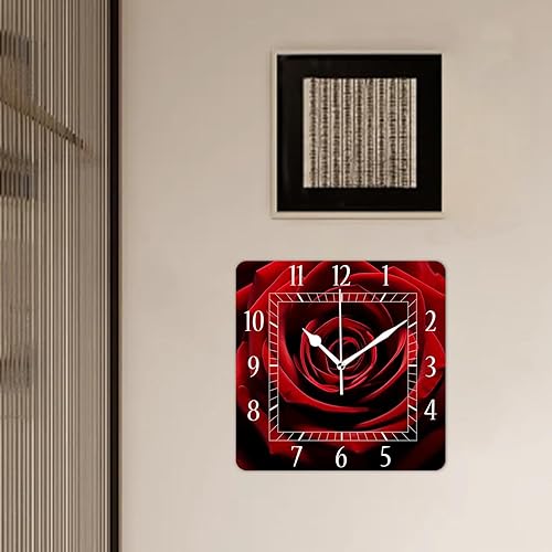 Miniatura 3 de Reloj de pared decorativo de 10 pulgadas, silencioso, cuadrado, para el hogar, sala de estar, cocina, una rosa roja encantadora