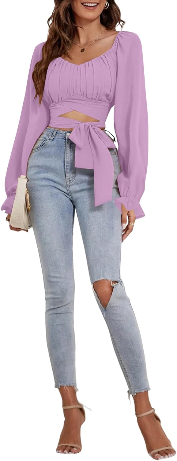 Rooscier Women's Ruched Wrap Square Neck Flounce Long Sleeve Self Tie Crop Top Blouse Solid Light Purple X-Large - Image 4
