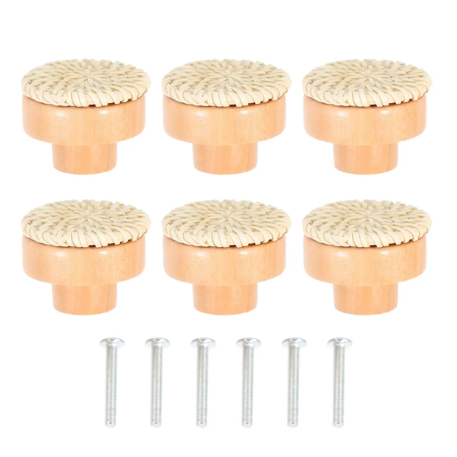 LSNNMU 6 Set Bohemian Cabinet Knobs Woven Rattan Wooden Drawer Pulls for Dresser Wardrobe Cupboard Furniture Replacement Handles for Home