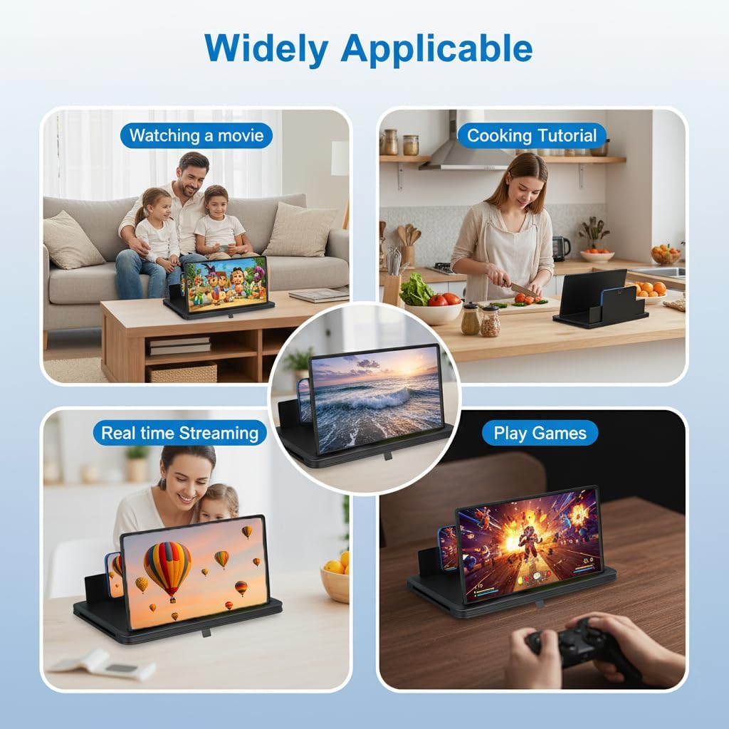 Screen Magnifier for Cell Phone with Adjustable Stand, Foldable Phone Screen Magnifier for Movies & Videos, Hands-Free Viewing, Compatible with All Smartphones (Black, 10'')