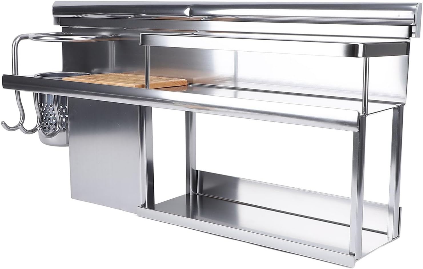 Wall Mounted Kitchen Organizer Rack, Wood and Aluminum Alloy Holder with Hanging Storage for Spatula Spoon Chopsticks