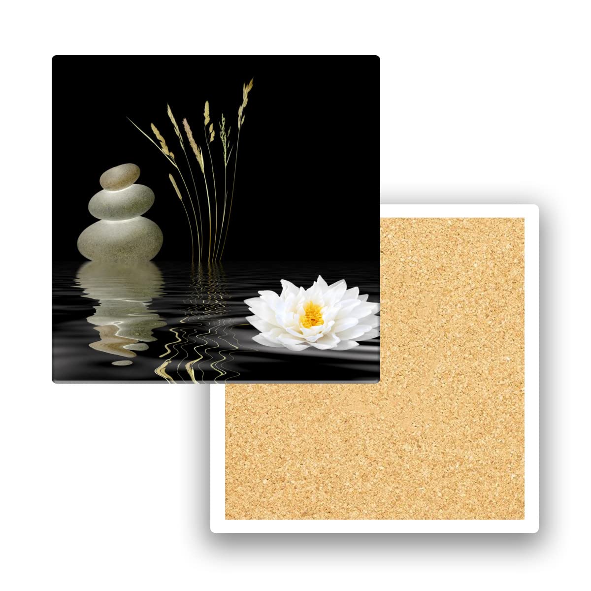 Zen Spa,Grey Stones Lotus Coasters for Drinks Set of 2 Absorbent Ceramic Coasters 4 Inch Diameter Square for Table,Kitchen,Bar