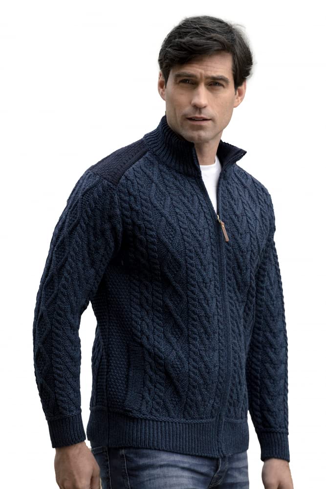 Aran Crafts Men's Cable Knit Shoulder Detail Zipped Cardigan (100% Merino Wool)