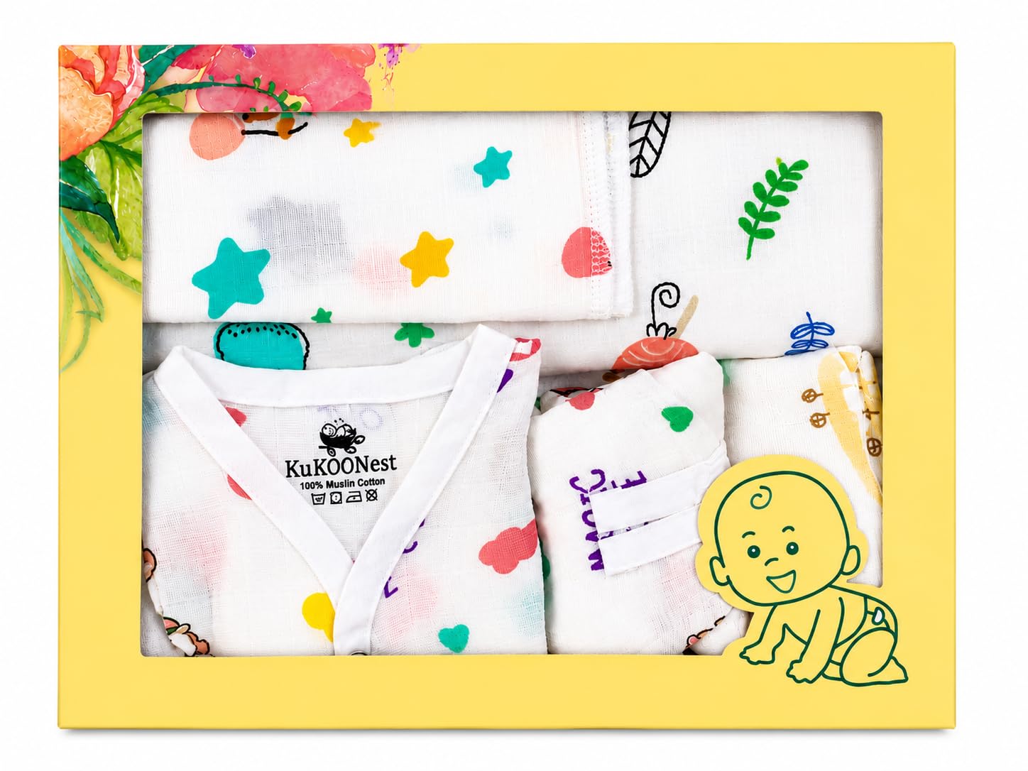 Newborn Baby Gift Box | 5-Piece 100% Muslin Cotton Baby Essentials Set | Hooded Towel, Swaddle, Jabla, Nappy & Wash Cloth | Premium Hamper | 0–3 Months-image-36