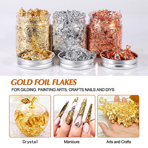 Yuliktor Gold Foil Flakes For Resin,3 Bottles Metallic Foil Flakes 15 Gram,Imitation Gold Foil Flakes Metallic Leaf For Nails, Painting, Crafts,Slime And Resin Jewelry Making,Gold,Silver,Copper Colors #TOP1