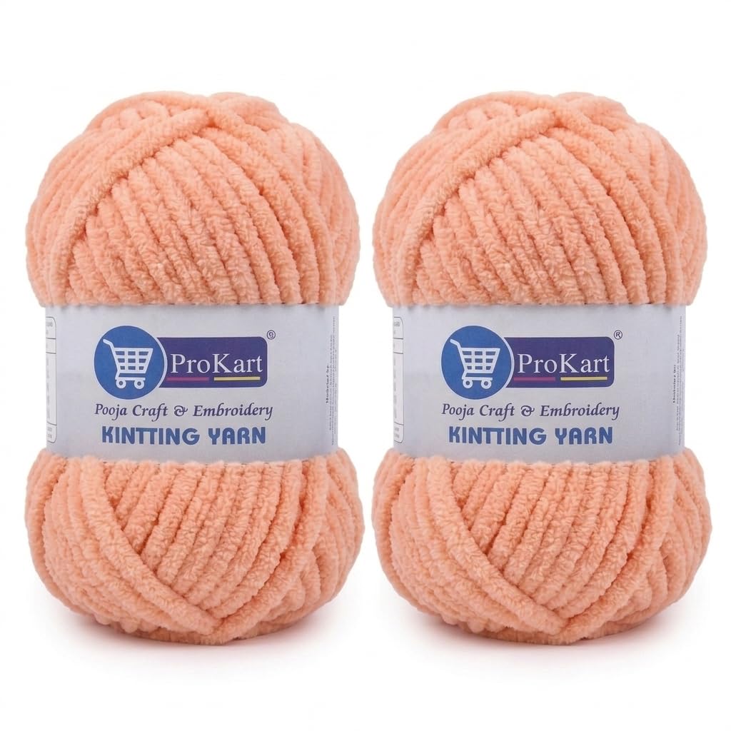 ProKart Premium Blankie Wool, Plush & Cuddly, Chenille Yarn Supersoft Hand Knitting Wool Ball | Blanket Thick/Mottu Yarn Ball Suitable for Hand Knitting and Crocheting for Baby, Adult, Sweaters, caps, Throws, Home Furnishing, Scarves, Blankets (Peach, 100gms x 2 Pack)