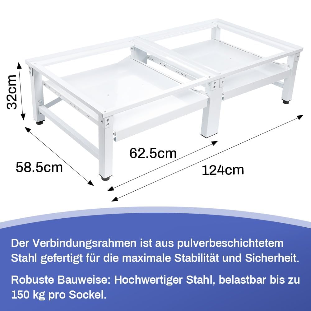 Doppeluntergestell mit Ablagen Podest für Waschmaschinen & Trockner | Doppelpodest Untergestell, Max. 300kg, Waschmaschinensockel Unterbau Podest Erhöhung Unterschrank, 126x54.5x32.5cm, Weiß