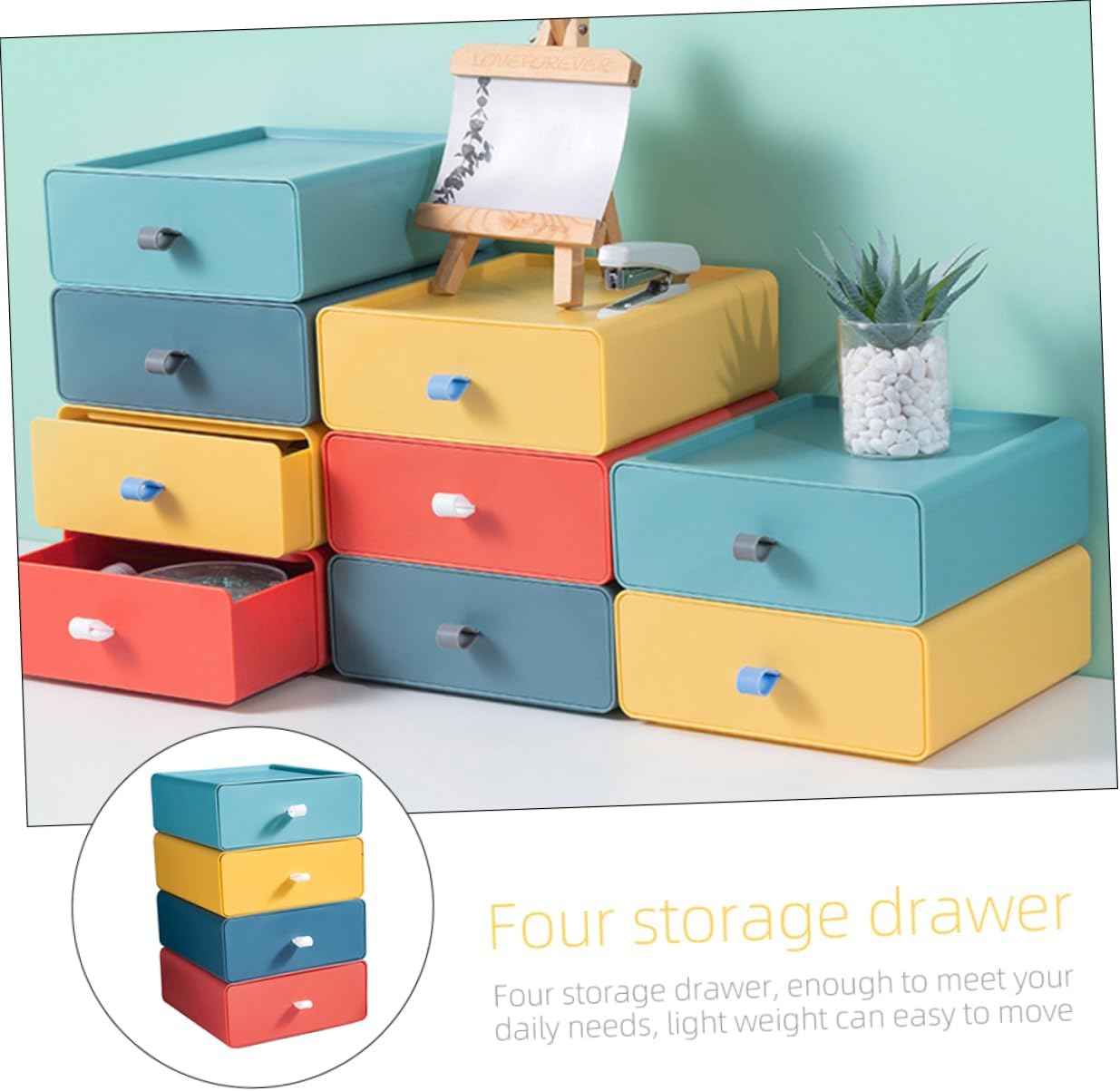 Stackable Table Drawer Storage Box Set 4Pcs PP for Desktop