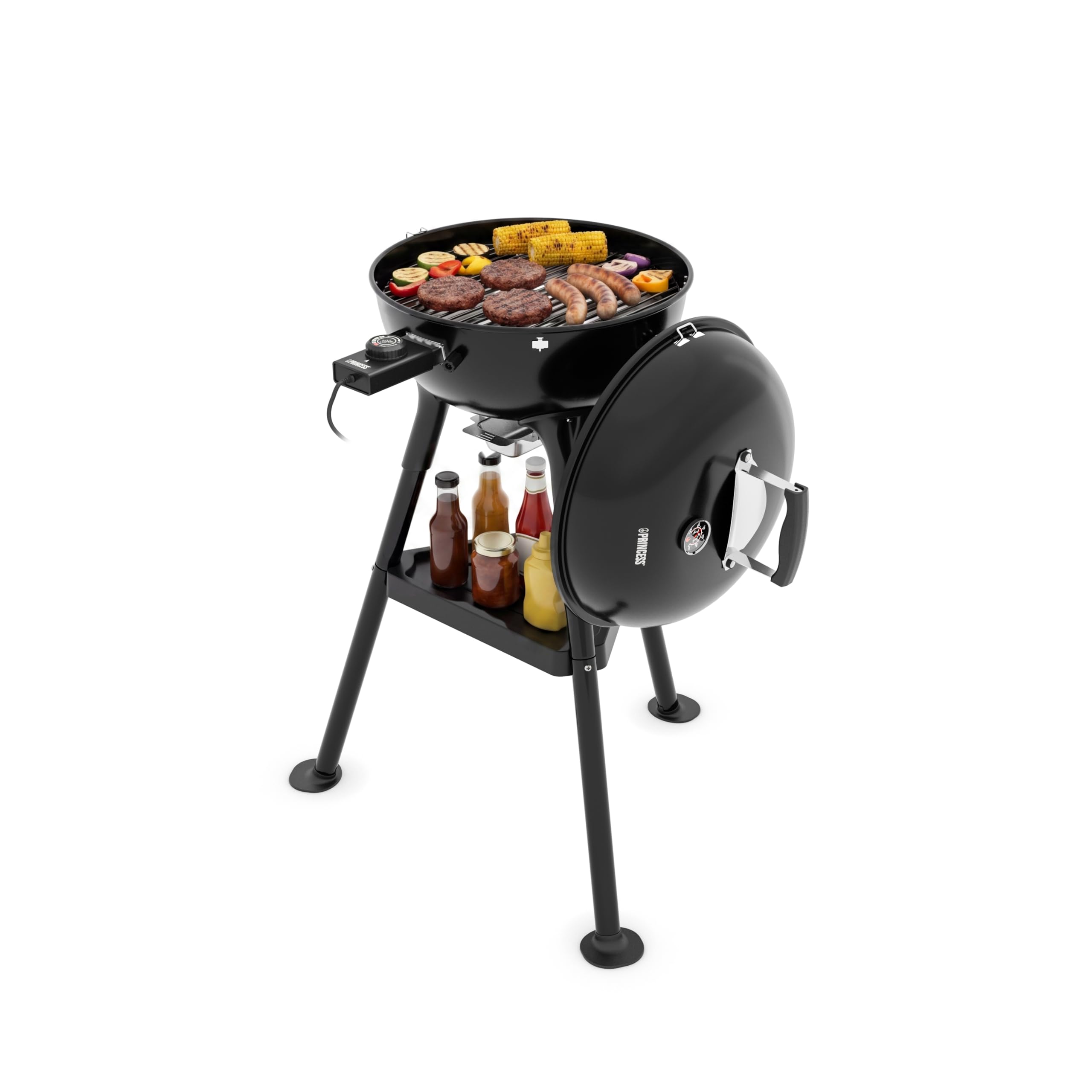 Princess Barbacoa Kettle Híbrida, Eléctrica y de Carbón, 2000 W, Termostato Ajustable, Termómetro Integrado y Parrilla Esmaltada, 01.112270.01.001