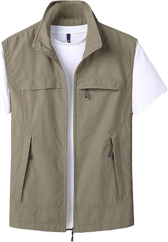 Mens Summer Utility Safari Vest Multi Pockets Fishing Vests Casual Sleeveless Jacket for Hiking Golf Lightweight