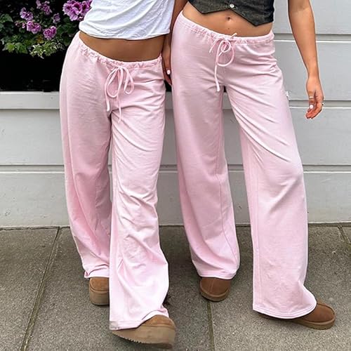 OLAMIOSO Calça feminina listrada de perna larga, calça de pijama folgada de cintura baixa, Rosa clar