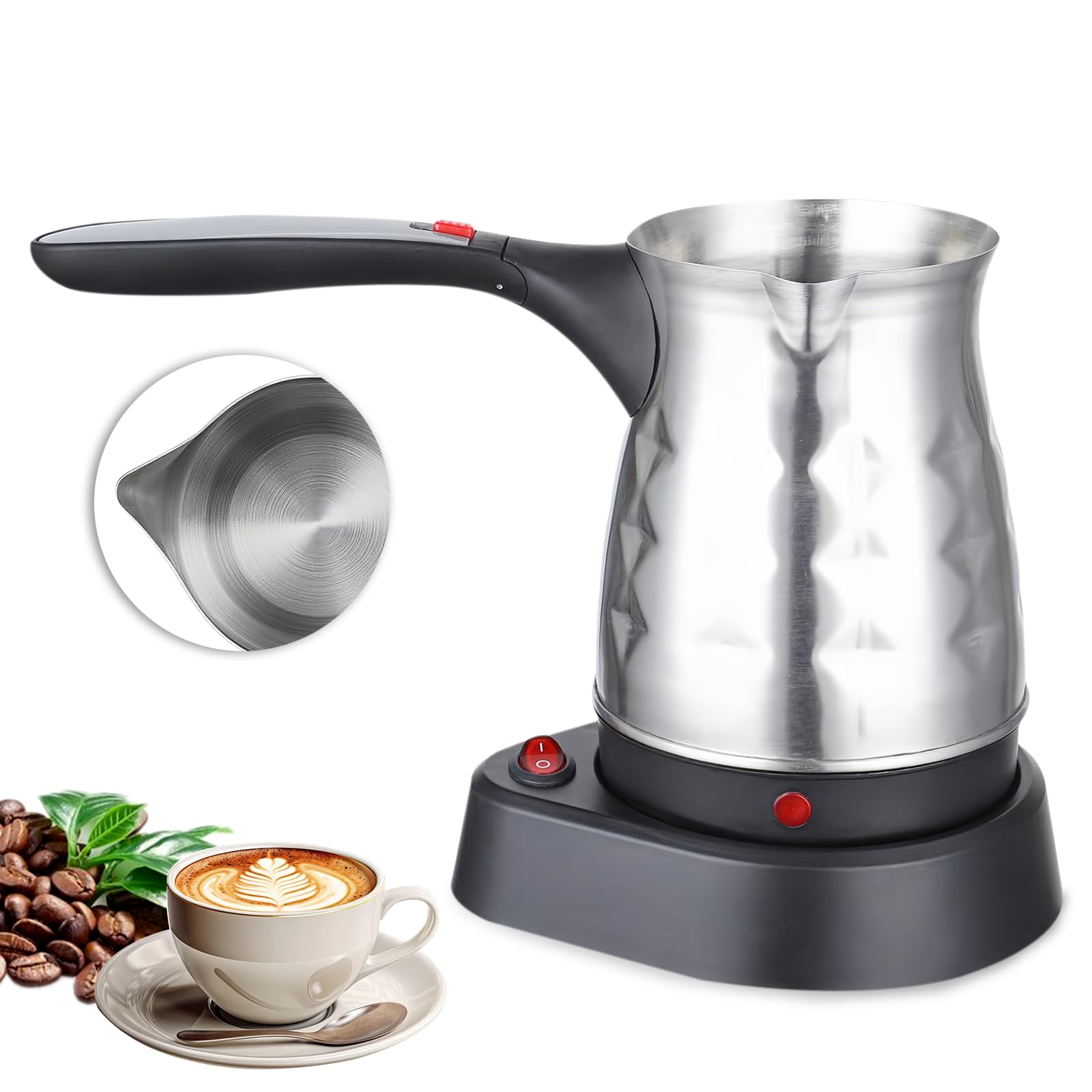 Elektrische Türkische Kaffeemaschine, 500ML Edelstahl Turkischer Kaffeekocher mit Faltbar Handgriff, Türkischer Mokkakocher, für Familie, Büro - 600W - Silber