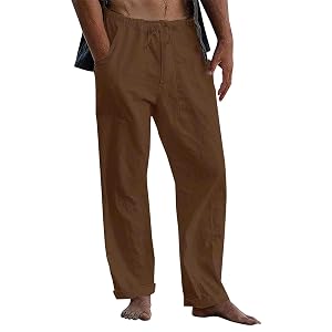 Cdiecer Cotton Linen Pants Men Summer Beach Pants Loose Fit with Elastic Waist Drawstring Pants Lightweight Wide Leg