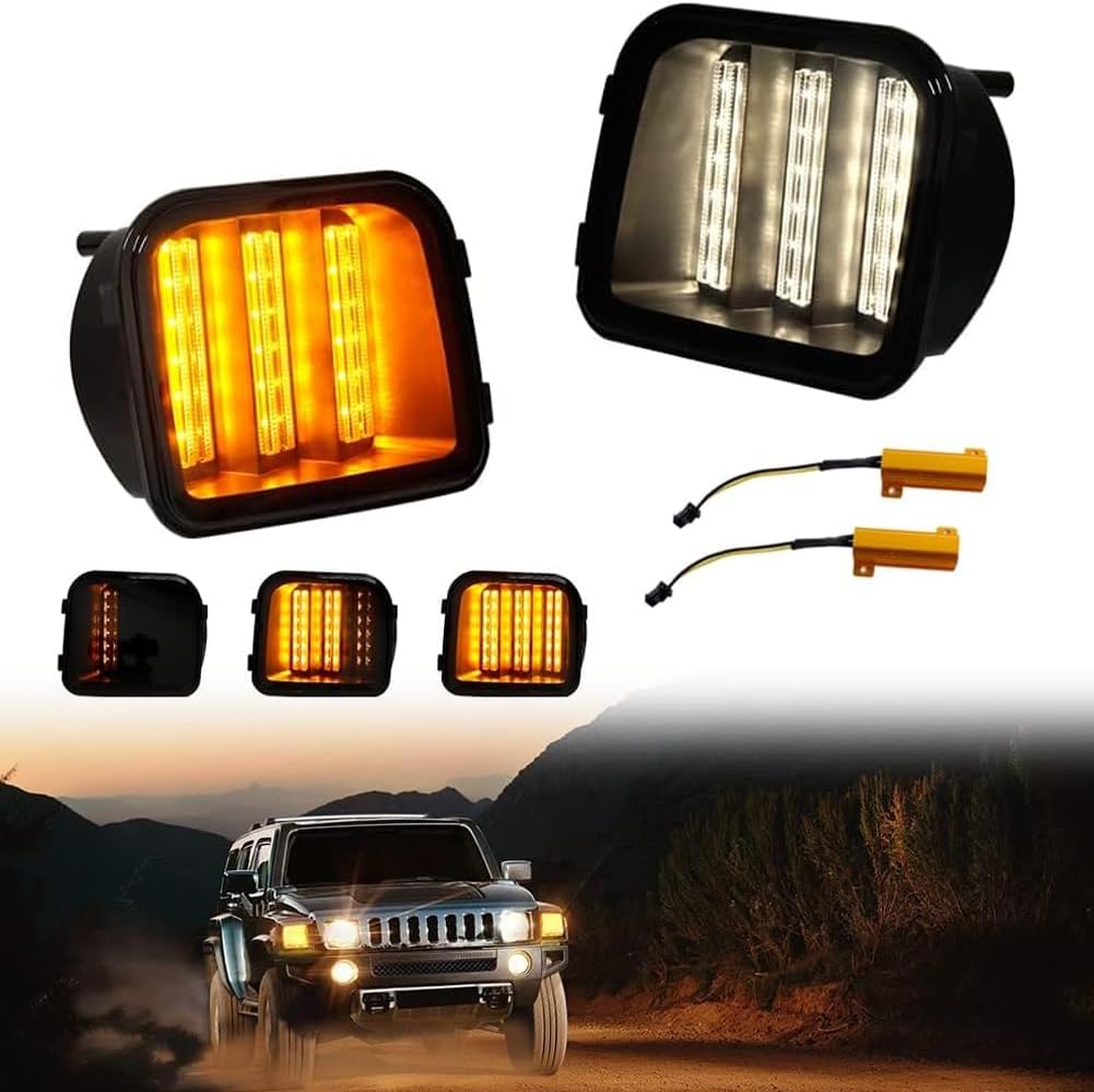 Smoked Lens Switchback White/Amber Sequential LED Lamp Compatible with 2006-2010 Hummer H3 H3T Front Bumper Corner Side Marker Parking Turn Signal Lights