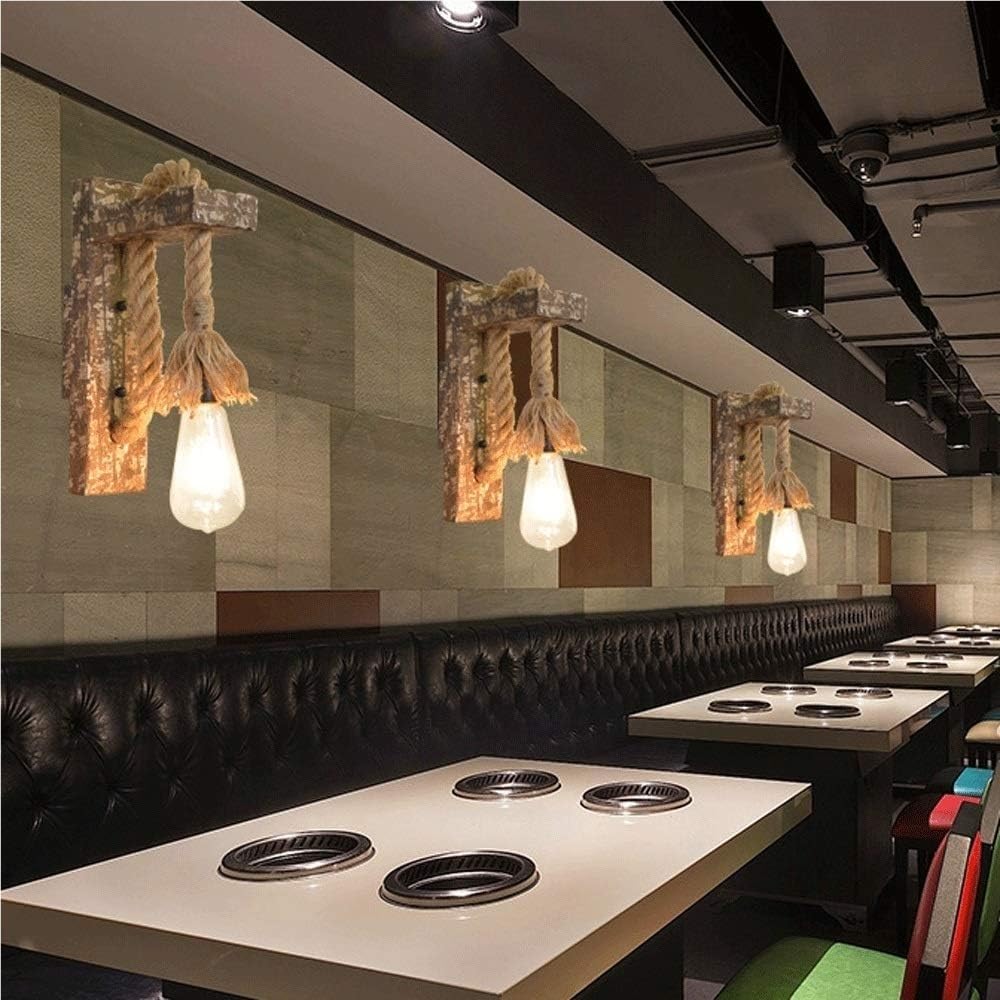 Lampa ścienna do sypialni, drewniana lampa przemysłowa z liny konopnej, retro styl wiejski, gniazdo E27, idealne na strych, kawiarnię, bar, restaurację lub sypialnię.