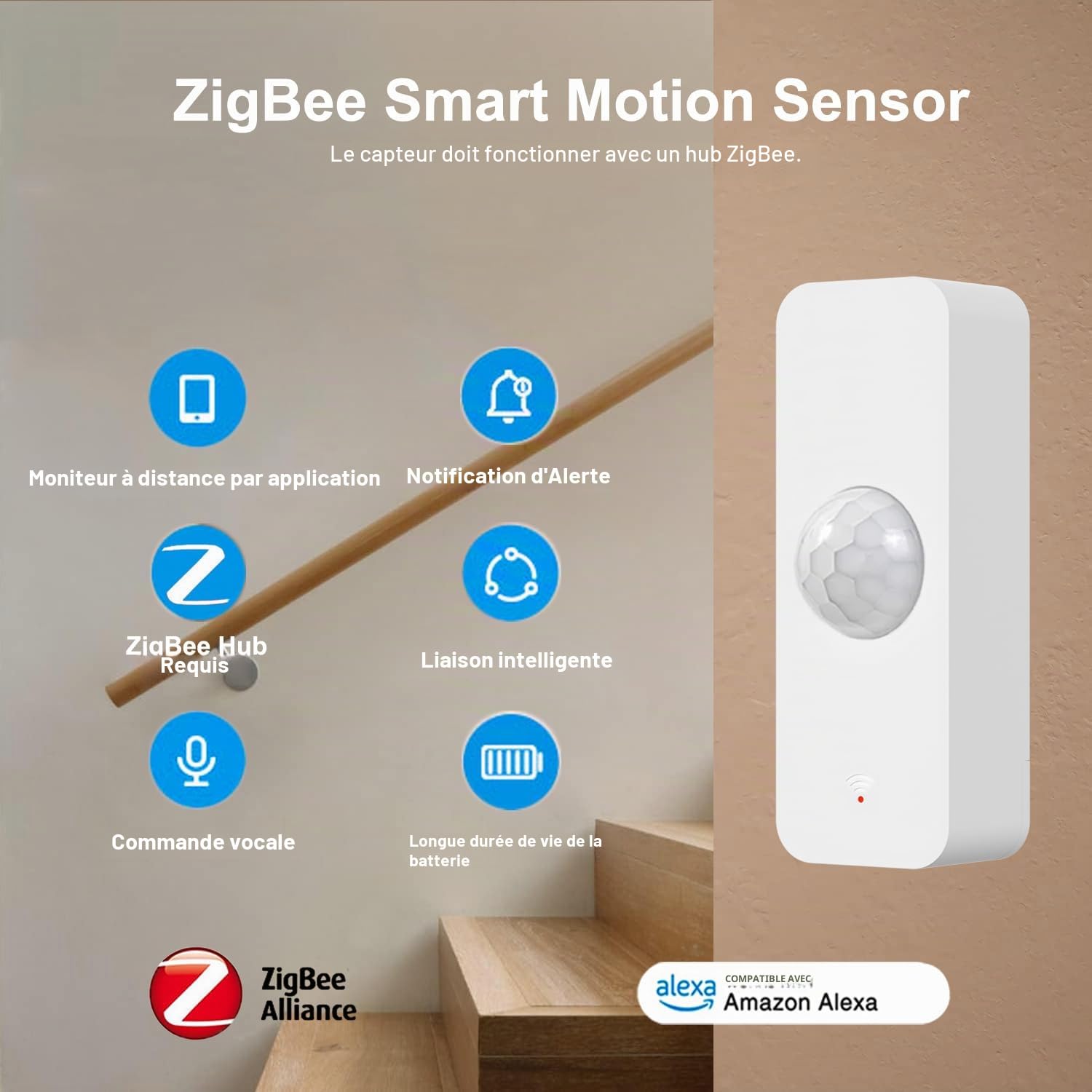 Détecteur de Mouvement, Détecteur de Mouvement Smart pour la sécurité de la Maison, Moniteur à Distance de détecteur de Mouvement sans Fil,Compatible Les Commandes vocales Alexa.ZigBee Hub requis.4PCS