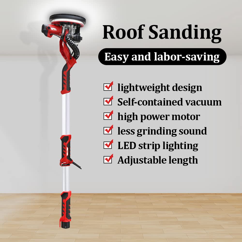 Lijadora de Pared, Lijadora de Techo 1390W, 5 Velocidades Ajustables, 12 Lijas, Sistema de Autolimpieza, Mango Telescópico 2M