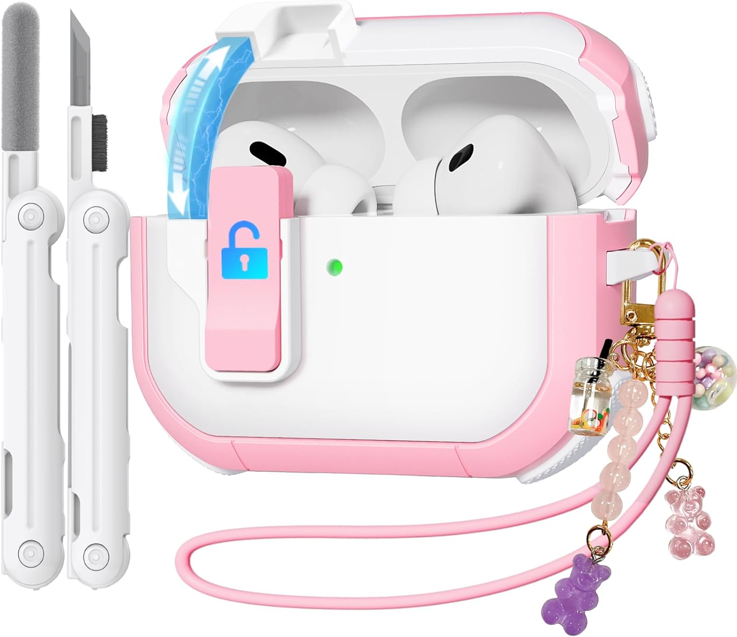 4-in-1 Case for AirPods Pro 2nd Generation Case, Ekoonpft (Secure Lock) Case Cover Compatible with Apple Airpod Pro(2023/2022/2019) Magnetic Lid Lock, with Cleaning kit/Wrist Strap/Keychain,Pink