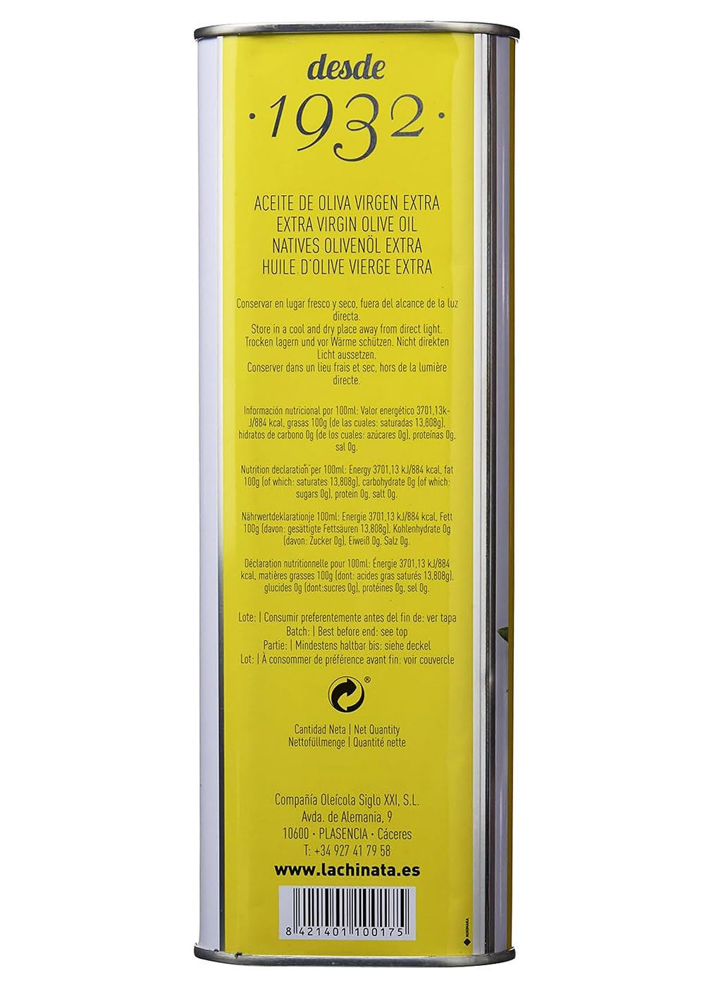 La Chinata Lata Aceite de Oliva Virgen Extra - Paquete de 12 x 1000 ml - Total: 12000 ml