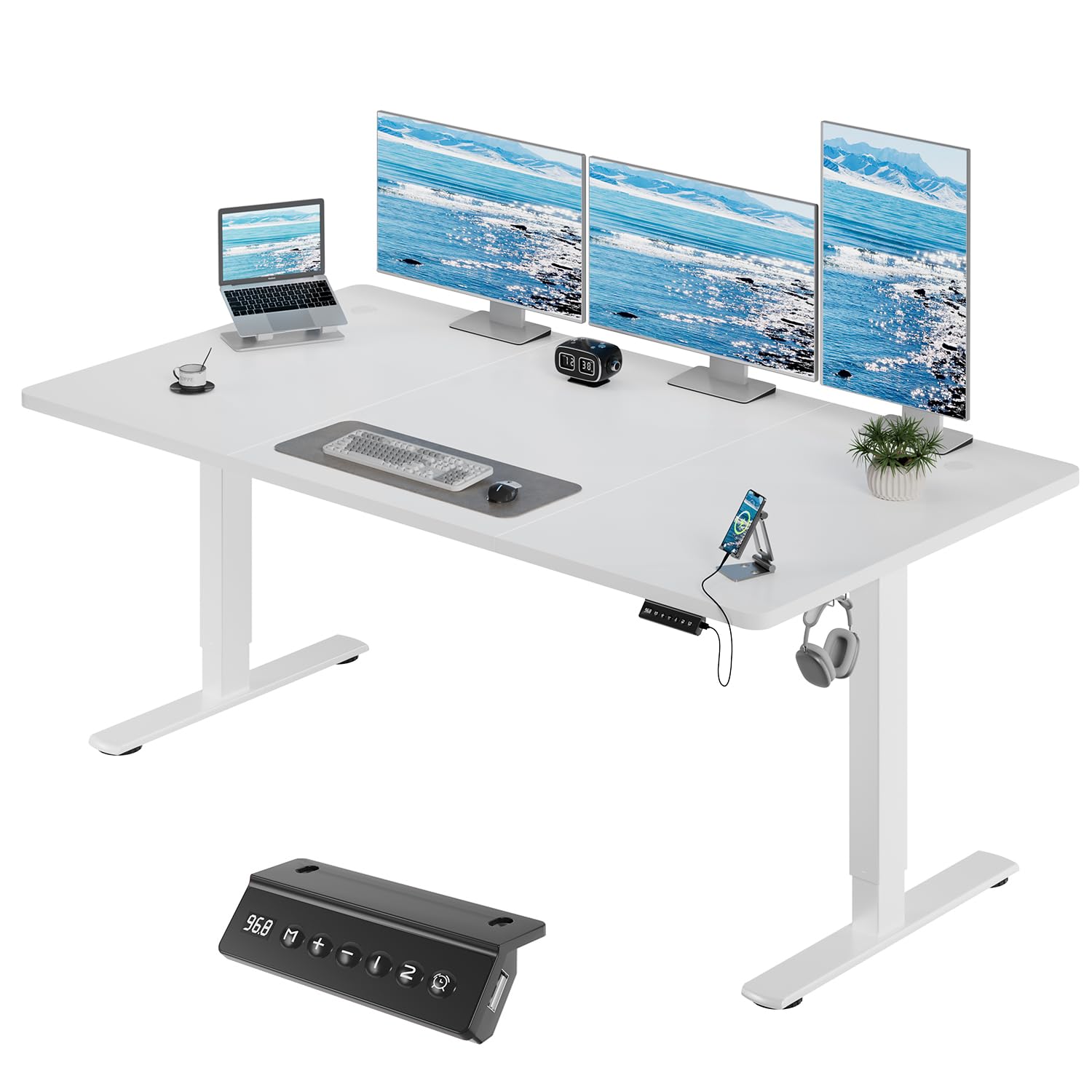 JUMMICO Höhenverstellbarer Elektrischer Schreibtisch 180 x 80 cm mit USB Ladeanschluss, Schreibtisch Höhenverstellbar, Ergonomischer Steh-Sitz Tisch Weiß